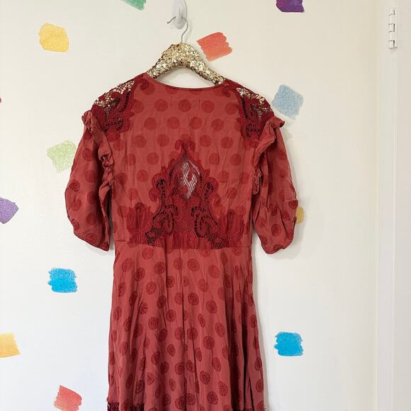 S Free People Red Print Lace Empire Waist Maxi Dress - Picture 2 of 5